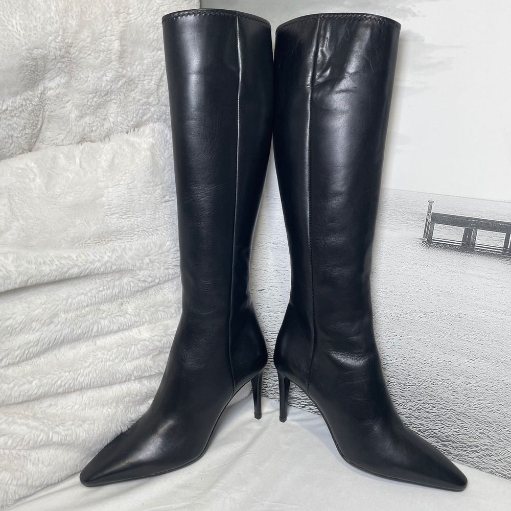 PRADA Luxury Leather Pointed Toe Knee High Heel Boots Size 37 Made in Italy - Picture 4 of 13